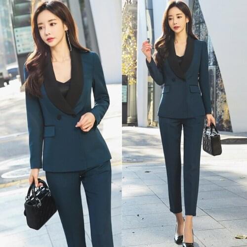 Spring and autumn new suit temperament blue spell black green fruit collar small suit was thin OL2 piece suit women pants