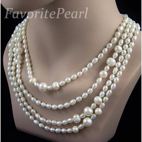 Favorite Pearl Necklace 75 inches 4-9mm AA White Rice Freshwater Pearl Long Necklace Wedding Birthday Women Gift Fine Jewelry