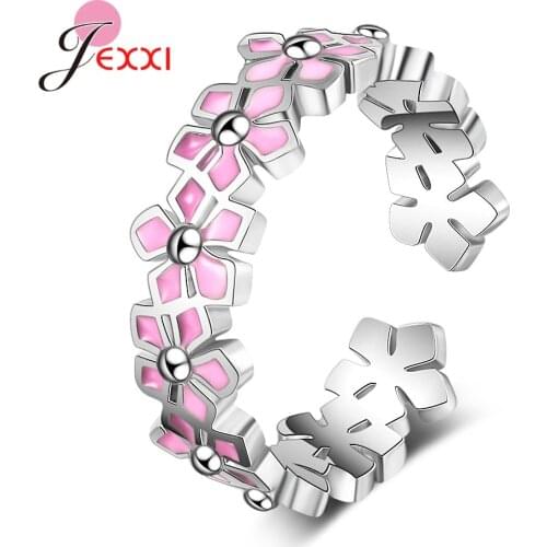 Fashion Pink Color Flower Rings For Women Opening 925 Sterling Silver Party Wedding Ring Jewelry Adjustable Anillos Mujer