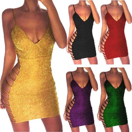 2020 New Fashion Womens Sequin Sexy Dress Deep V Neck Summer Hollow Out Backless Ladies Evening Party Mini Dress