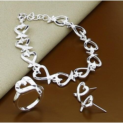 Brand New 925 Sterling Silver Jewelry Sets Fashion Heart Loves Bracelet Earrings Rings Set Free Shipping