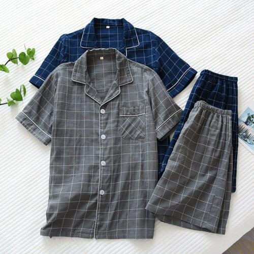 Summer New Mens Pajamas Two-Piece Plaid Cotton Gauze Short-Sleeved Shorts Simple Loose Casual Breathable Home Service Suit