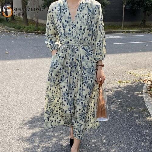 Women Dress Geometric Print Female One-Piece Summer Chiffon Romantic Vintage V Neck Lantern Sleeve X Line Wrapping Belt Elegant