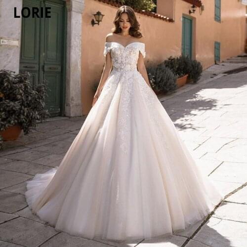 LORIE Champagne Beach Wedding Dresses with Off the Shoulder Appliques Lace Tulle Boho Bridel Gowns Princess Wedding Party Dress