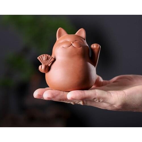 Purple Clay Lucky Cat Tea Pet Handmade Cute Small Animal Figurines Creative Ceramic Crafts Teahouse Table Decoration Ornaments