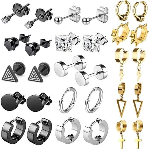 15 Pairs Stainless Steel Cross Dangle Cz Stud Hypoallergenic Earrings Packs for Men Women’s Huggie Hoop Hinged Loop Punk Earring