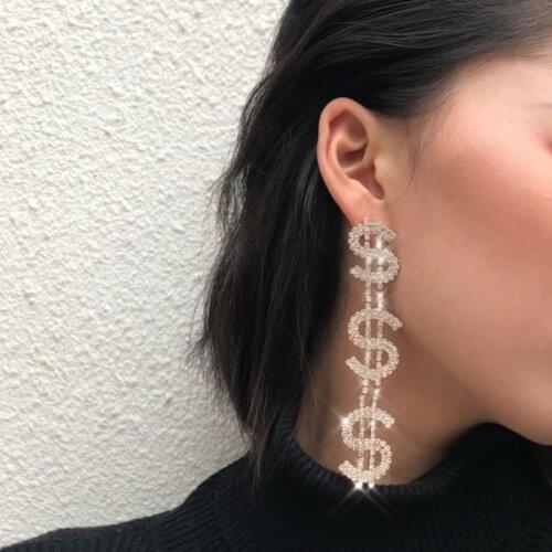 Simple Versatile Hanging Earrings For Women Vintage Letter Earrings With Rhinestones Dollar Bills Symbol For Ear Accessories