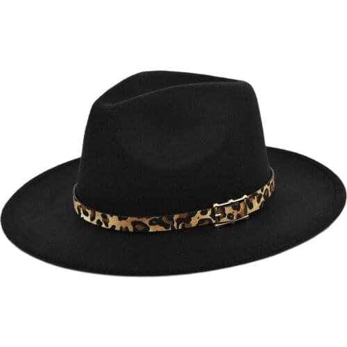 Womens Hat Fedoras Leopard Print Woolen Topper Wide Brim Jazz Hat Retro Vintage Luxury Flat-brimmed Womens Church Bowler Hats