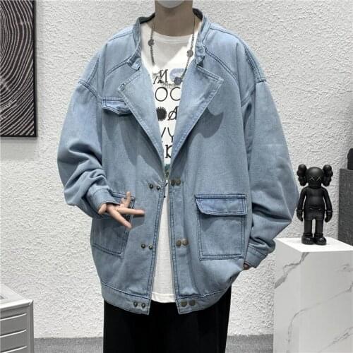Washed Sports Denim Jacket Trend Retro Loose Pocket Double Breasted Coat Spring Autumn Hiphop Streetwear Oversize Male Clothes