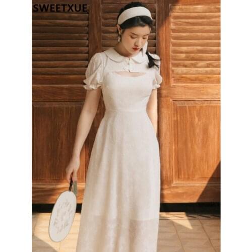 SWEETXUE Girls Chinese Style Jacquard Ffabric Dress Womens Summer 2021 Hollow Puff Sleeves Romantic Fairy Party Elegant Dresses