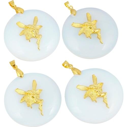 TUMBEELLUWA Healing Stone Beads Opalite Round Crystal Stone Pendant Gold Color Fairy Pendant Diy Jewelry For Women