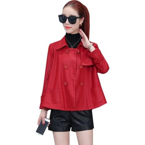 UHYTGF Spring autumn leather jacket women fashion double-breasted elegant Female short coat cute girl plus size leather coat 828