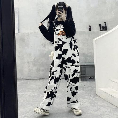 Street Hip-hop Harajuku Girl Cow Print Oneies For Women Black White Plaid Overalls Casual Jumpsuit Trousers Baggy Pants GT022