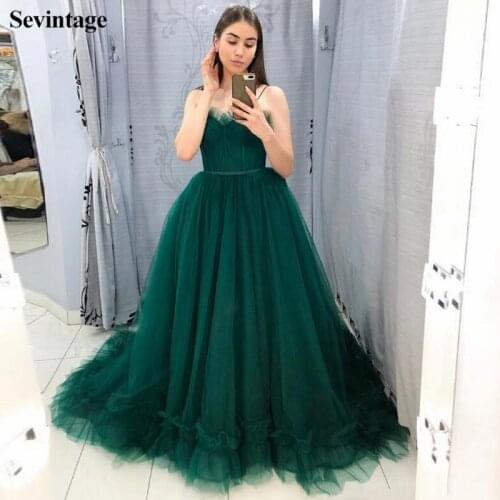 Sevintage A Line Spaghetti Straps Long Evening Dresses Tulle Sweethert Sleeveless Formal Prom Gowns Graduation Dress Custom Made