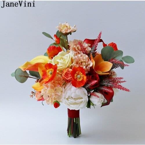 JaneVini Vintage Artificial Flowers Roses Wedding Bouquets Red Orange Bridal Brooch Bouquets Brides Fleur Artificielle Mariage