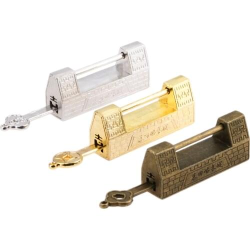 Vintage Lock with Key Great Wall Pattern Padlock Gold/Silver/Bronze Antique Old Chinese Jewelry Wooden Box Case Drawer Cabinet