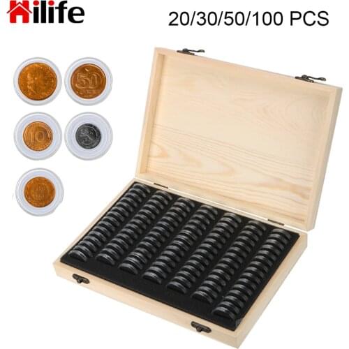 20/30/50/100/120 PCS Coin Collection Case With Adjustment Pad Coins Storage Box Adjustable Antioxidative Wooden Commemorative