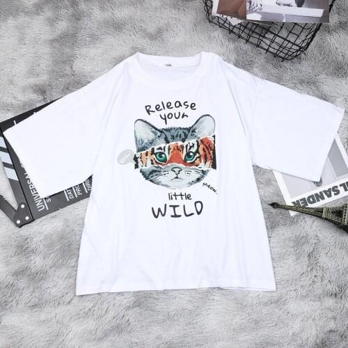2021 Summer Tops Loose Women T-shirts Cats Print Streetwear Long Top Female T-shirt Harajuku Casual Shirt Short Sleeve T-shirts