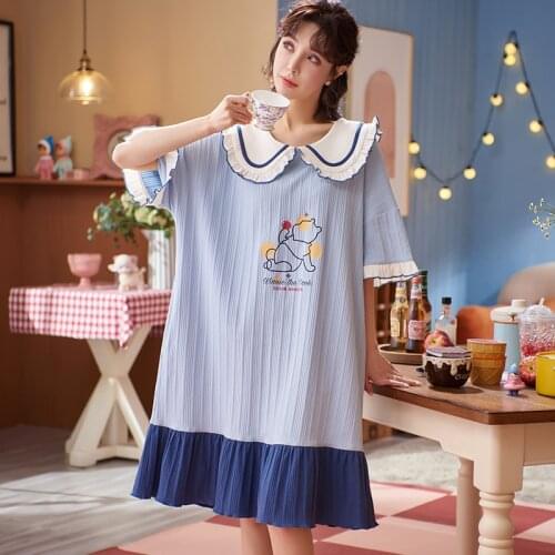 "M-4XL" Womens Homedress Knee-Length Nightdress Plus Size Nightgowns Girls Sleepwear Cotton Sleepshirts Loose Home Clothing