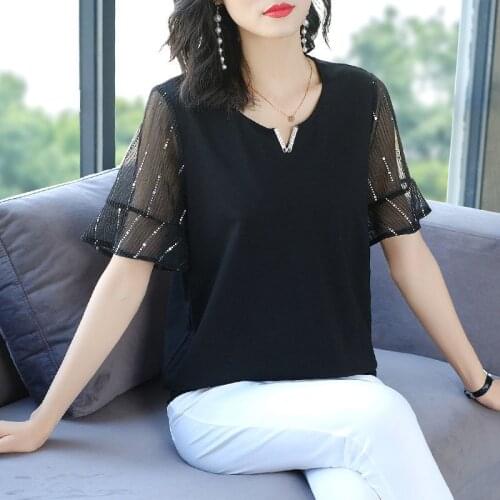 Mesh Patchwork Women Spring Summer Style Chiffon Blouses Shirts Lady Short Sleeve O-Neck Casual Blusas Tops Plus Size 5XL
