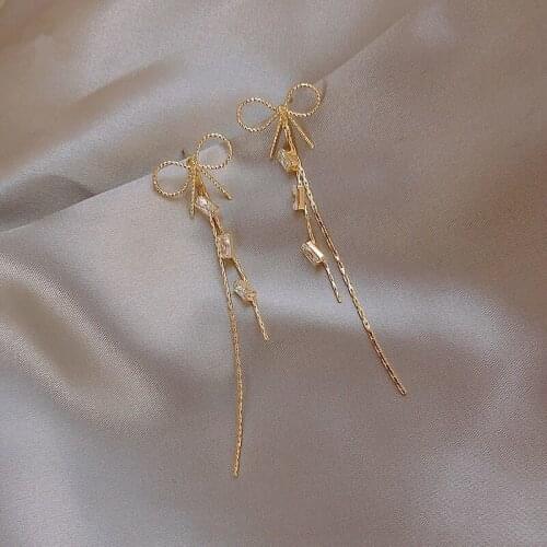 2021 new South Korean light luxury bow zircon tassel earrings for a woman with two simple and sweet earrings temperament