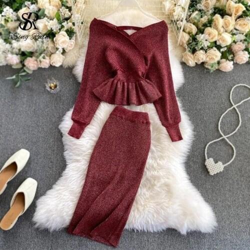 Womens Shiny Knit Skirt Suit Ruffled Long-sleeved Wool Warm Sweater Knitted Two-piece Womens Dress