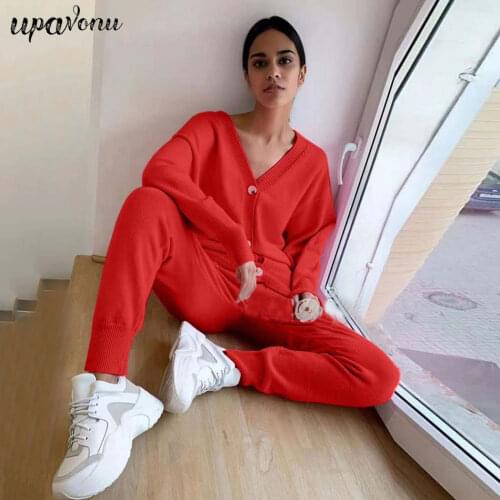 Knitted Sweater Sets Autumn Womens Suits Casual Knit Female Track Suit V-Neck Sweaters Long Pants Elegant Ladies Streetwear Set