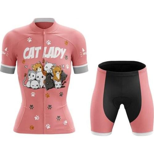 2021 Pink Cat Women Cycling Jerseys Sets MTB Bike Cycling Clothing Breathable Mountian Bicycle Clothes Summer Bike uniform Wear