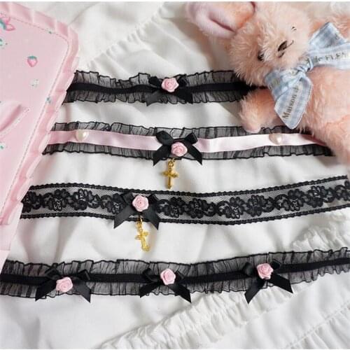 Sweet Heart Pink Black Lace Rose Bownot Choker Lolita Maid Cosplay Women Necklace D728