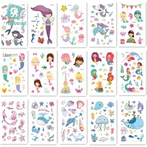 15Pcs/ New Cartoon Temporary Tattoo Mermaid Girl Princess Fake Tattoo Colorful Ocean Animals Flash Tatoo For kid Hand Body