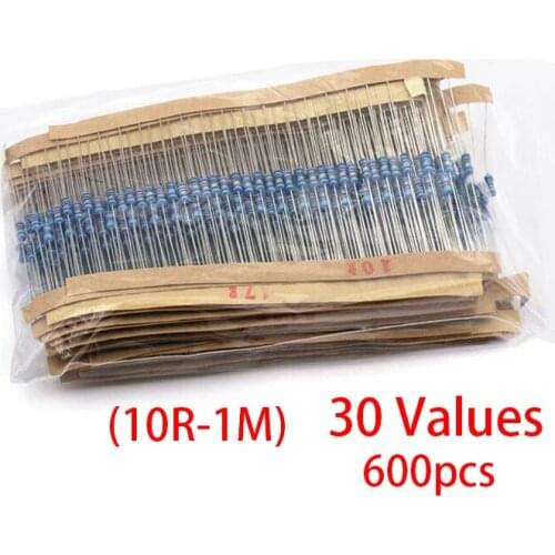 30 Kinds 1% 1/4W Metal Film Resistor Assorted Kit 30 Values each value 20pcs total 600pcs (10R-1M)
