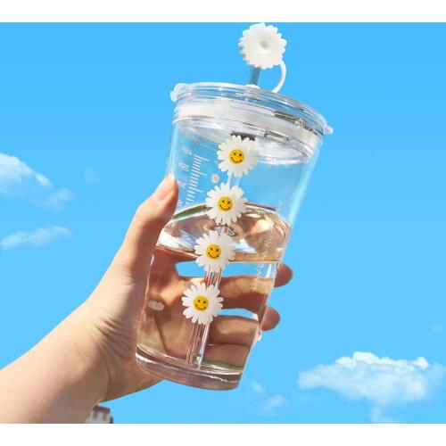 450ml Cartoon Daisy Straw Cup Leakproof Portable Drinking Bottle with a Sealing Cap Lid Glass Water Bottle with Straw