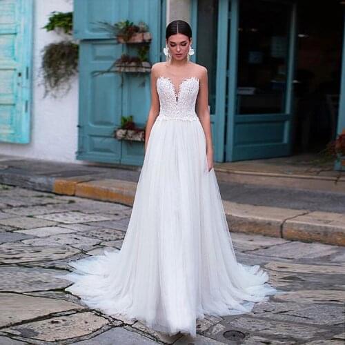 Brilliant Tulle Sweetheart Neckline A-line Wedding Dresses Lace Applique Illusion Back Bridal Dress vestidos noiva