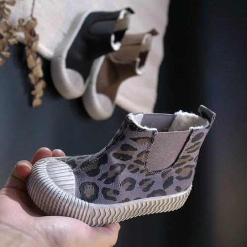 Plush Neri Children Warm Shoes Leopard Boys Girls Winter Shoes Kids Boots Ankle Retro Dirty Shoes Slip on Anti-kick Cotton Boots