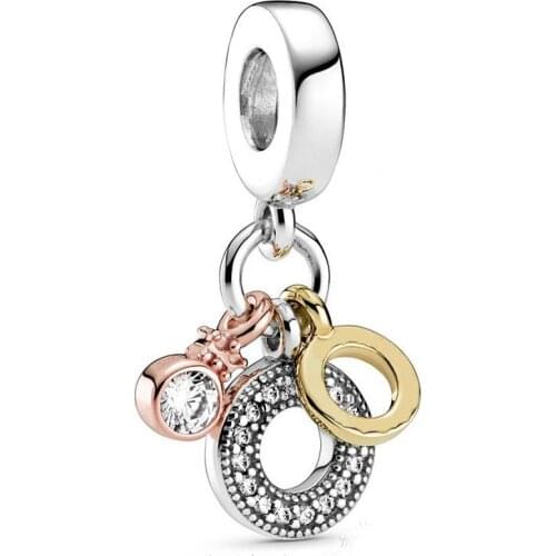 Original Rose Triple Monogram & Logo With Crystal Pendant Beads Fit 925 Sterling Silver Charm Bracelet Diy Jewelry