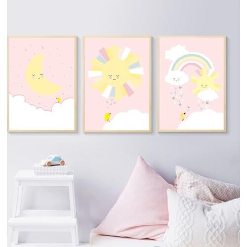 Pink Yellow Moon Sun Nursery Child Poster Cute Art Decorative Print Wall Painting Decoration Picture Nordic Kid Baby Room Decor
