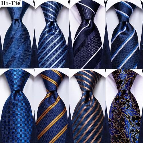 Hi-Tie Striped Solid Navy Blue Silk Mens Wedding Tie Gift Necktie For Men Quality Hanky Cufflink Business Party Fashion Designer