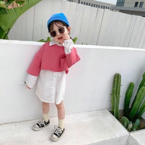 DFXD 2020 Autumn Girls Clothing Sets 2PC White Full Sleeve Button Shirt Dress+Short T-shirt Tops Casual Childrens Sets 2-7Yrs