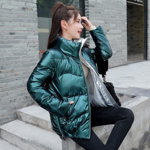 Short Parka Coat Womens 2021 New Winter Clothes Korean Loose Bright Casual Stand Collar Cotton-padded Jacket Female Outwear