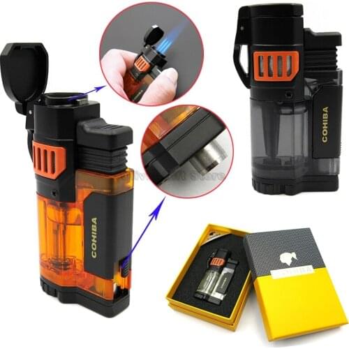 Cohiba Metal & Plastic Transluce Triple Torch Jet Flame Lighter Cigar Cigarette Tobacco Lighter With Punch Gift Box Smoking Tool