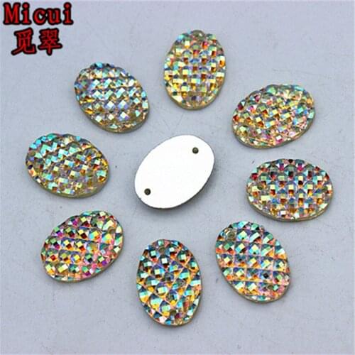 Micui 100pcs 10*14mm Oval Resin Rhinestones Resin Crystal AB Color Flatback Loose Stones Sewing 2 Holes For Dress Garment ZZ71