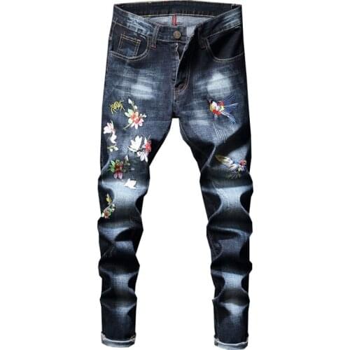 Pantalon Homme Embroidered Floral Designs Denim Pants Men Stretch Slim Jeans High Quality Mens Fashion Streetwear Casual Jeans