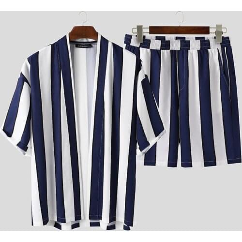 2021 NEWSummer Men Striped Sets Streetwear Loose Open Stitch Short Sleeve Shirt Fashion Shorts Beach Breathable Casual Mens Sets