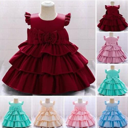 Girls 2021 new skirt baby rose flower flying sleeves satin round neck princess dress one year old baby birthday dress skirt todd