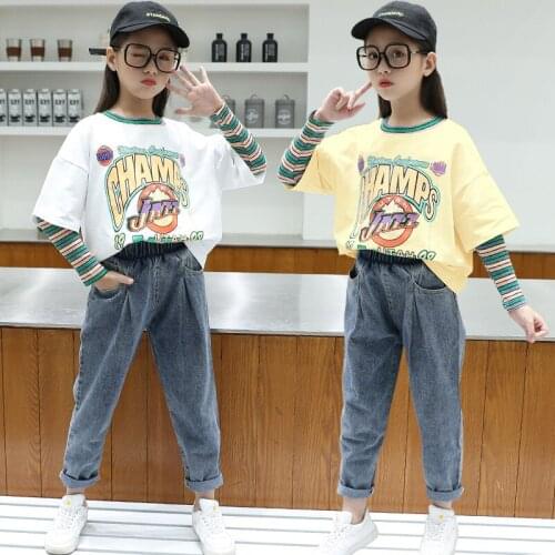 2021 Autumn Big Childrens Childrens Clothing Suit Girls Jeans T-Shirt Tops Cartoon Female Baby Casual Two-Piece Suit