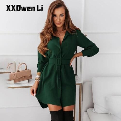 Autumn Pure Color Buttons Belt Slim Lapel Mini Dress For Women 2021 Winter Casual Long-sleeves Shirt Dresses Office Ladies Dress