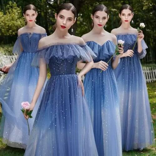 Bridesmaids Dresses Vintage A-Line Three Quarter O-Neck Off The Shoulder Sequined Pleat Lace Tulle Women Wedding Party Gown E539