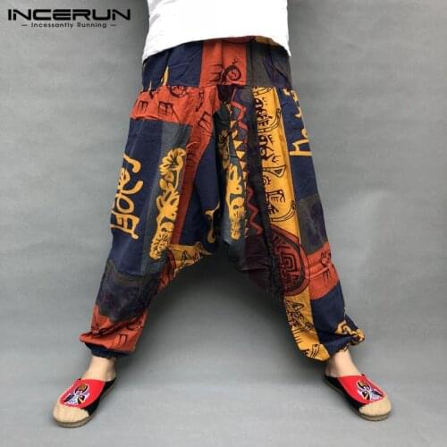 INCERUN Mens Harem Pants Elastic Waist Trousers Loose Printed Casual Streetwear Joggers Drop-crotch Pants Men Hot Sale S-5XL