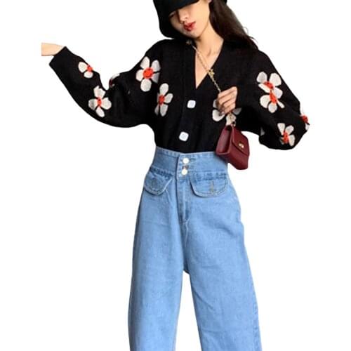 2021 Spring Fall Young Girls Knitted Sweaters Cardigan Womens Fashion Sweet Flowers Crop Tops Knitwear Clothes Tops Loose