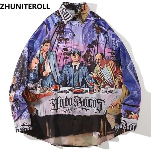 Vintage Shirts Graffiti Oil Painting Print Streetwear Shirt Hip Hop Fashion Casual Blouse Harajuku Loose Long Sleeve Button Tops